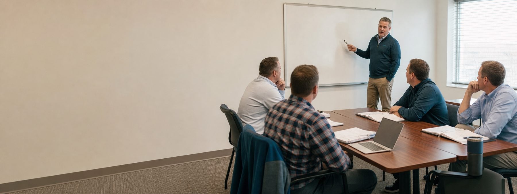 A sales manager coaching a small team beside a whiteboard during a training session