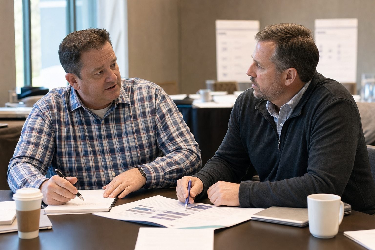 Two salespeople collaborating over notes at a table during a training break