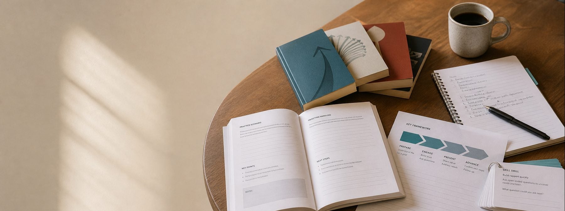 A spread of Action Selling books, workbooks, and skill-drill cards on a workshop table