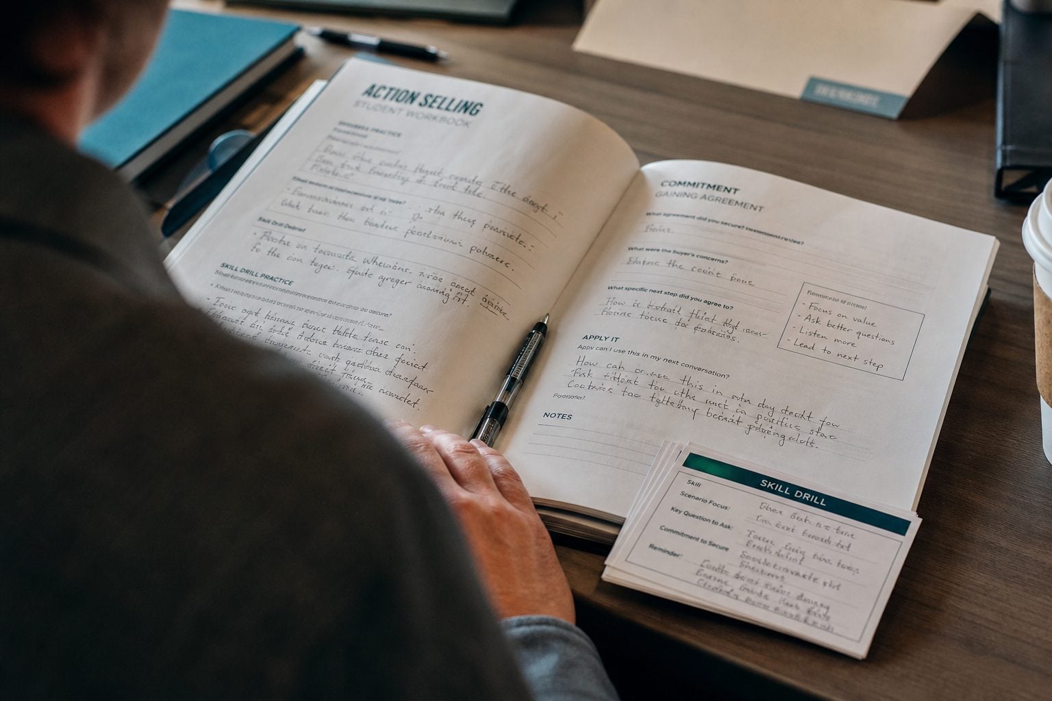 An open Action Selling student workbook with handwritten notes and skill-drill cards on a workshop table