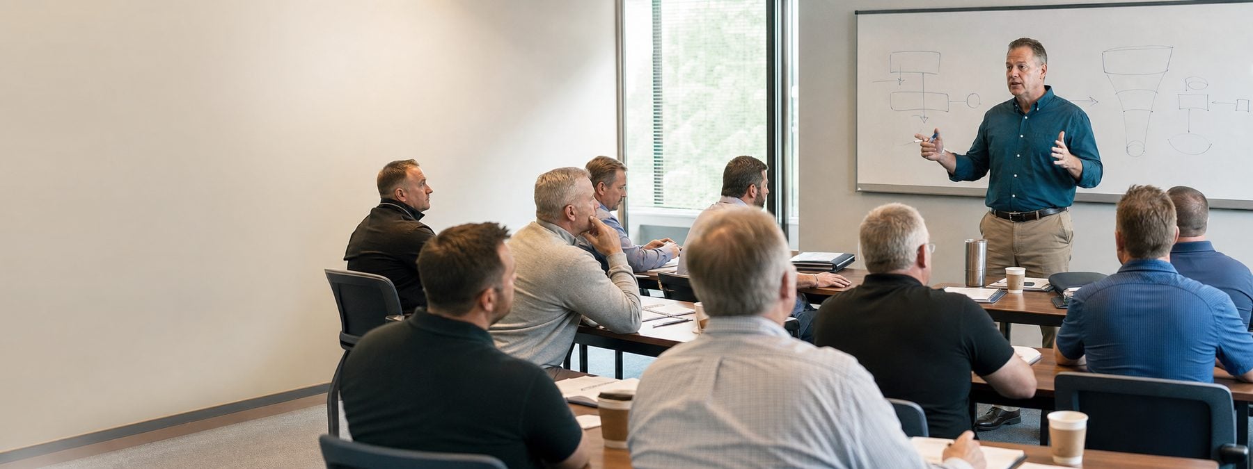 A certified facilitator leading a private sales training workshop in a seminar room