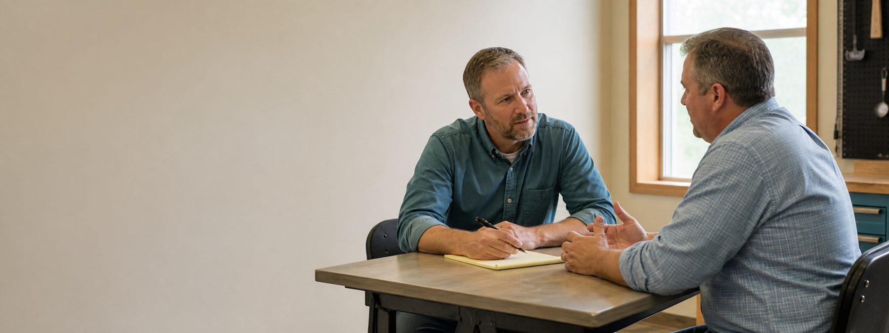 A salesperson asking a leverage question during a one-on-one sales conversation