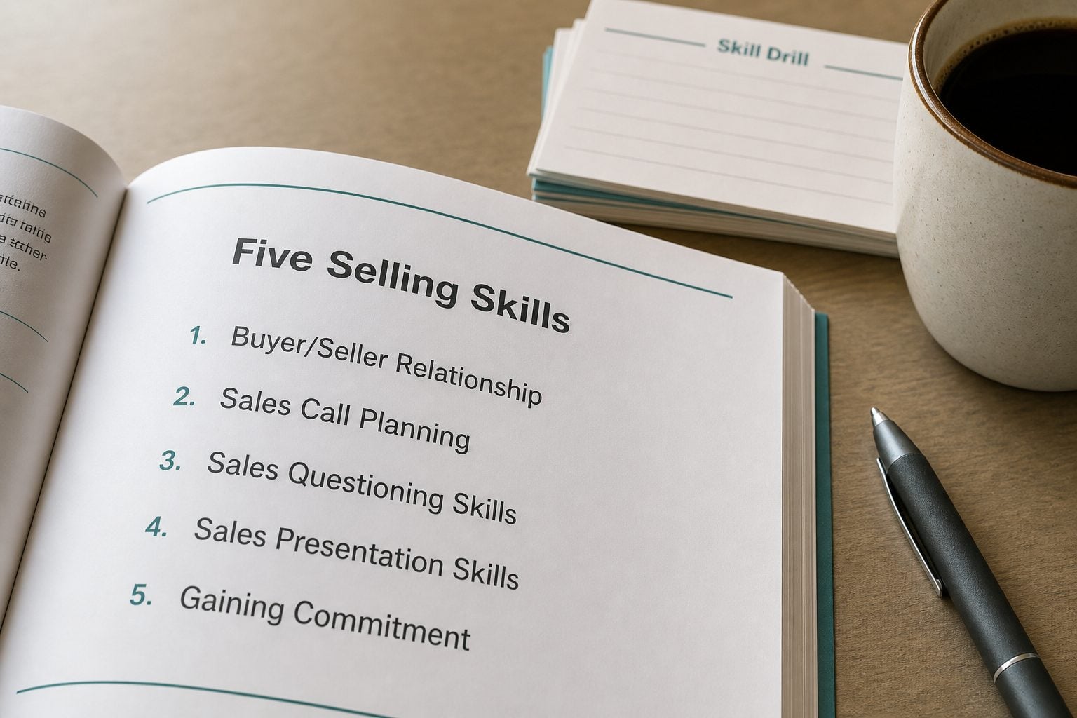 An open sales-training workbook, skill-drill cards, and a pen on a workshop table