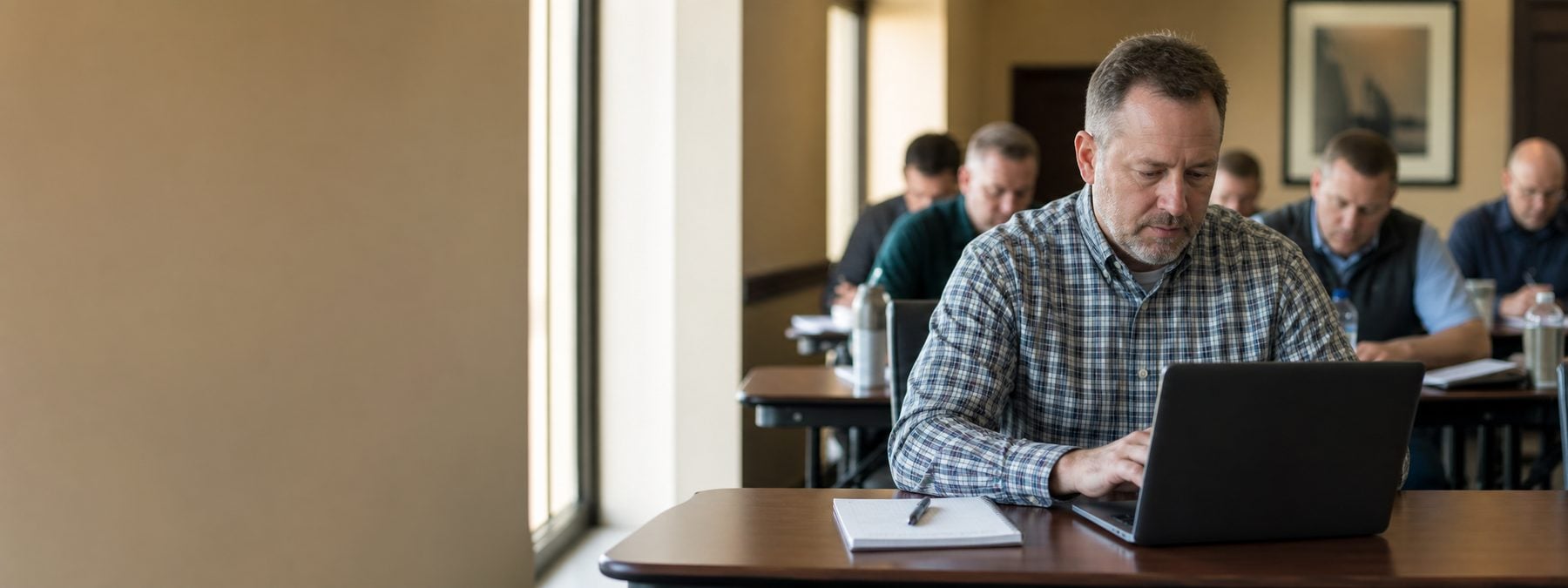 A salesperson taking an online sales skills assessment on a laptop during a workshop