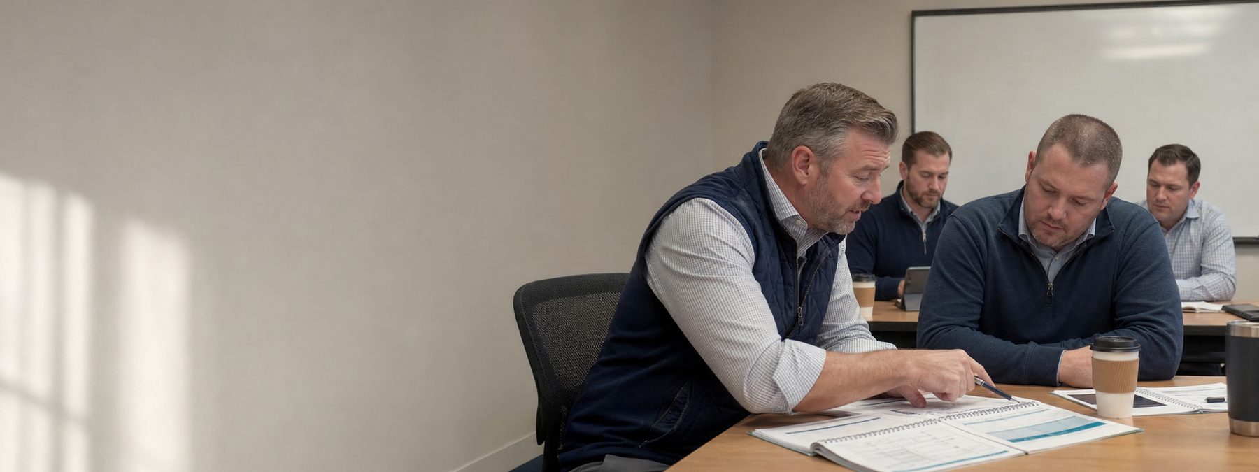 A sales trainer coaching a rep on keeping a deal moving during a workshop