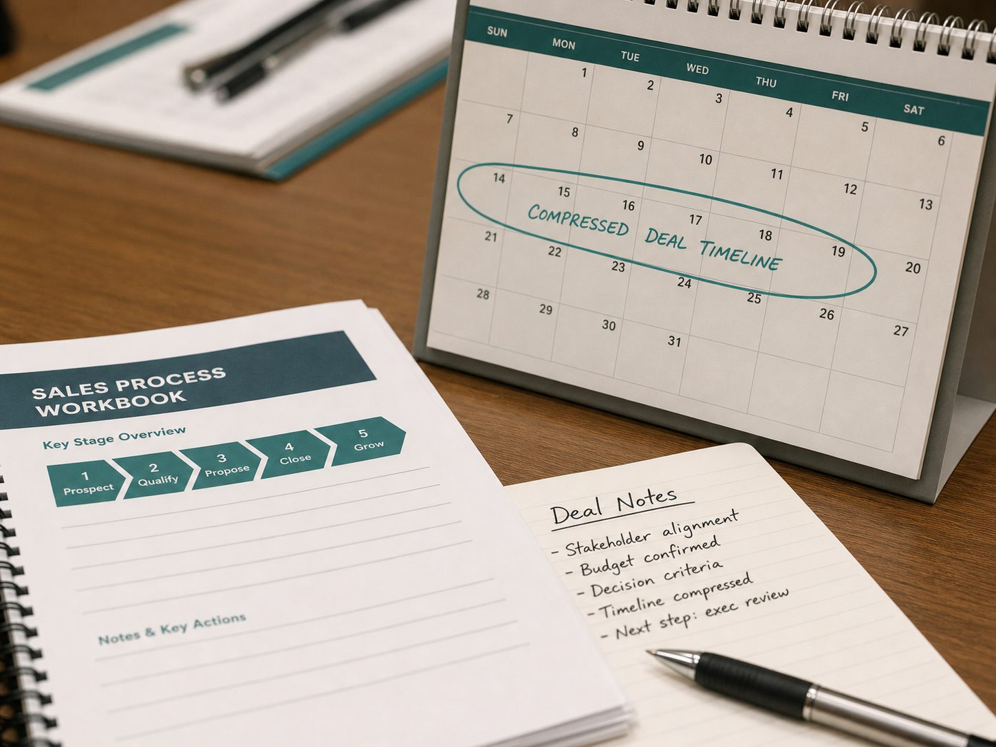 A sales workbook, calendar and deal notes laid out on a workshop table