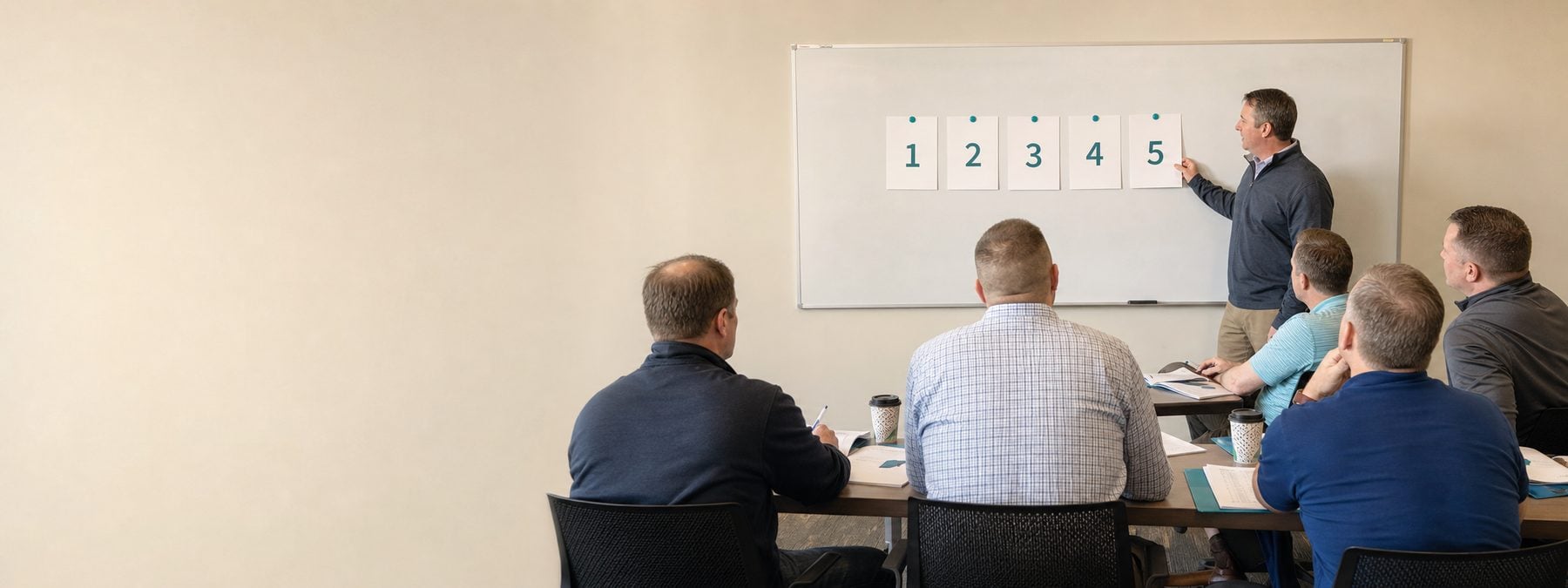 A sales trainer walking a team through a selling process at a whiteboard