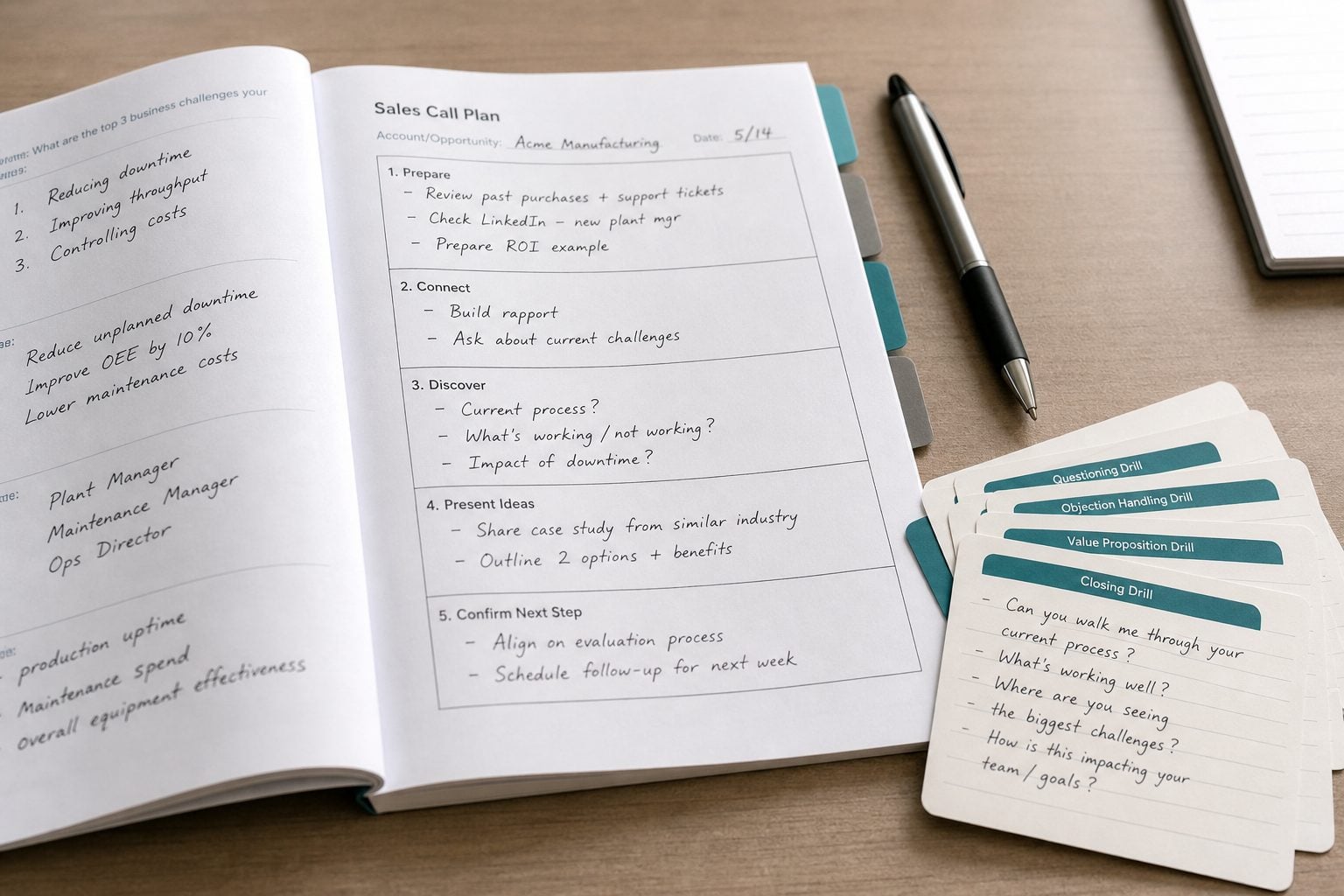 An open Action Selling workbook and sales-call planning notes on a workshop table