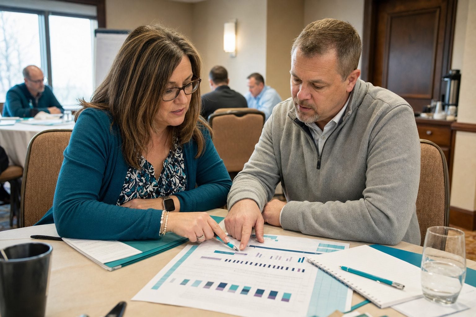 A trainer and salesperson reviewing printed team benchmark results together