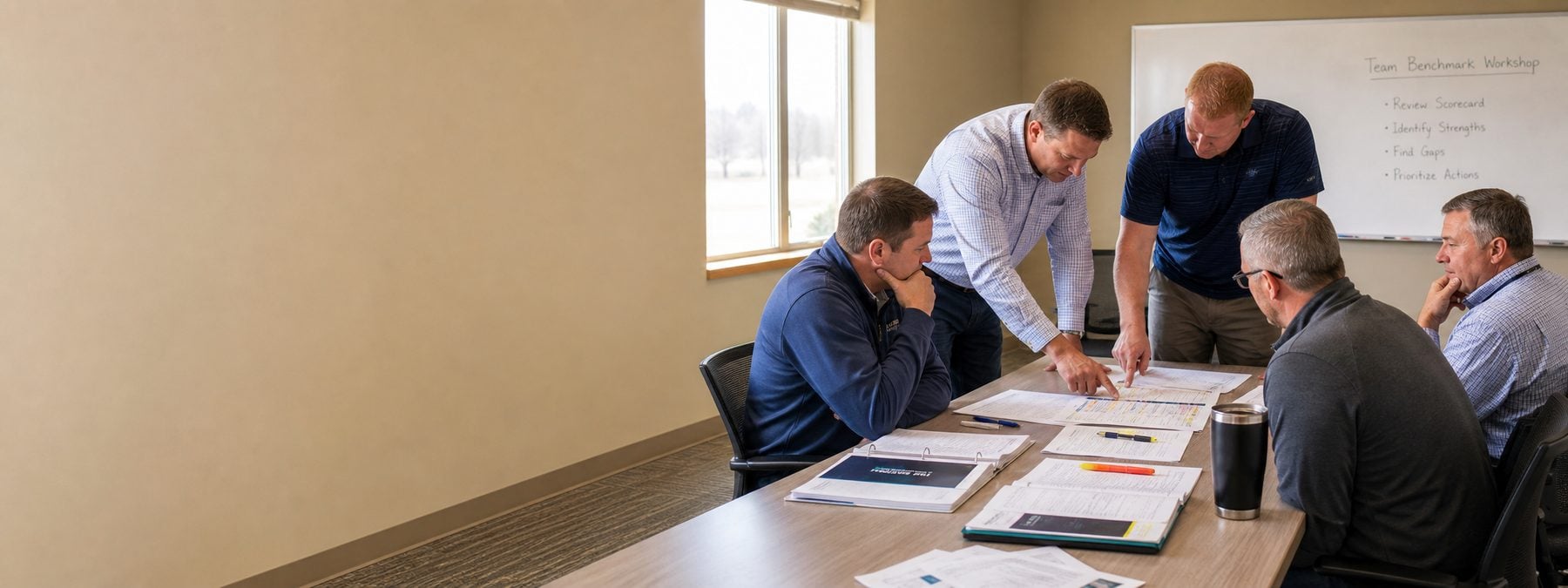 A sales team comparing notes during a team benchmark workshop