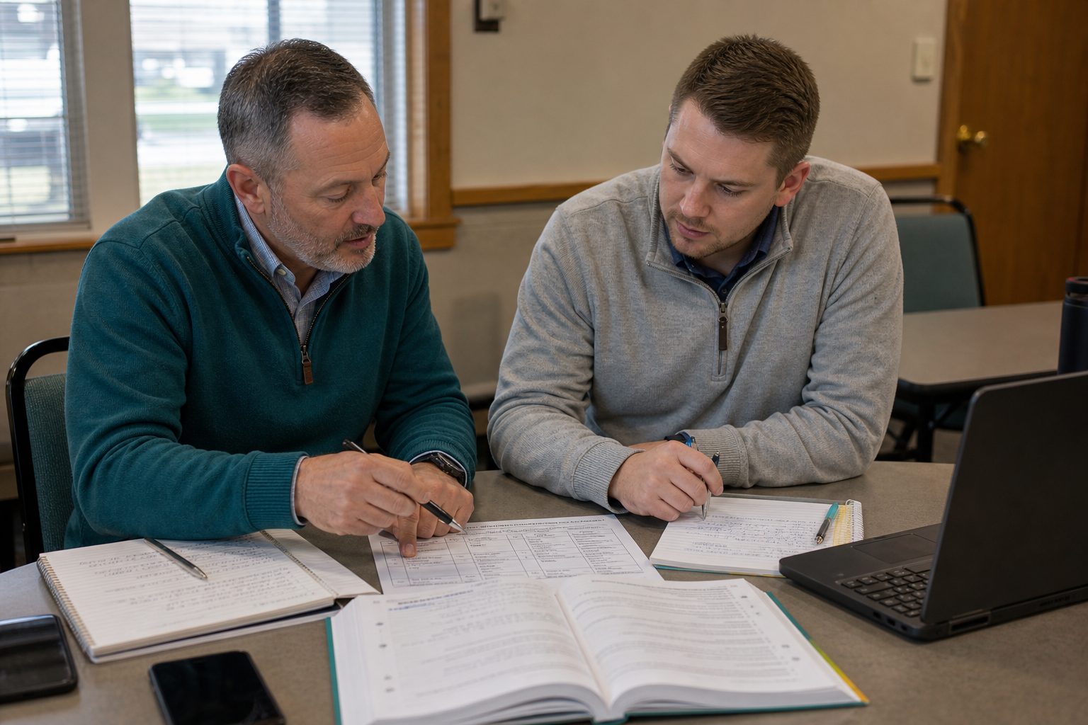 A sales coach and salesperson reviewing objection-handling notes