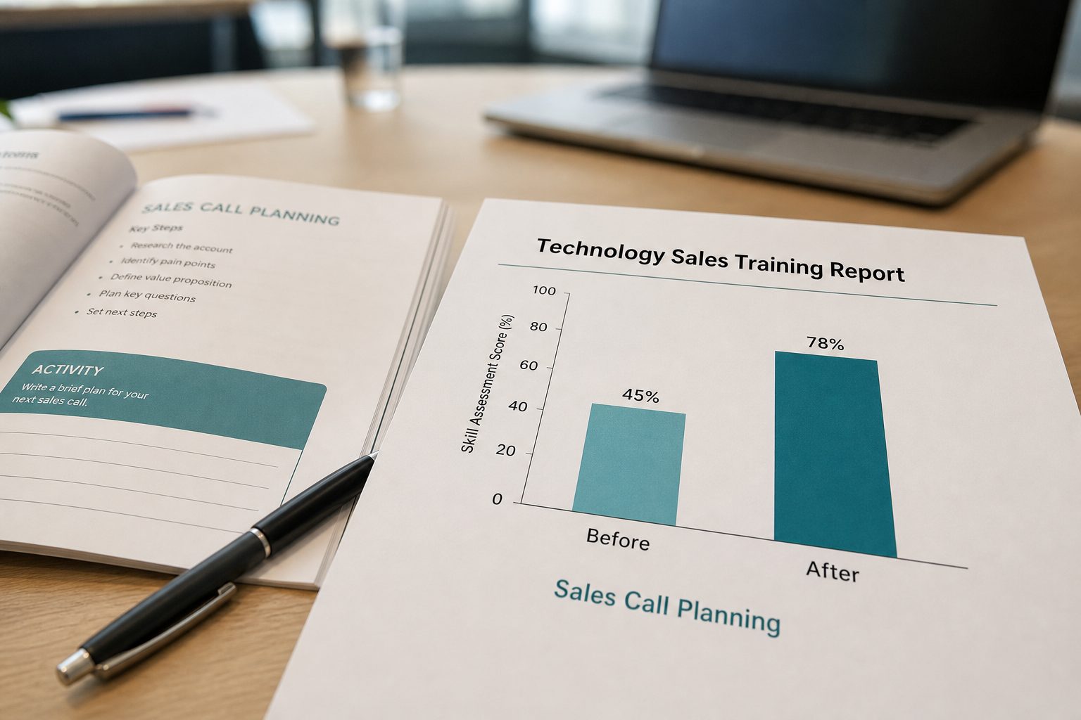 A printed technology sales training report showing improvement in sales call planning