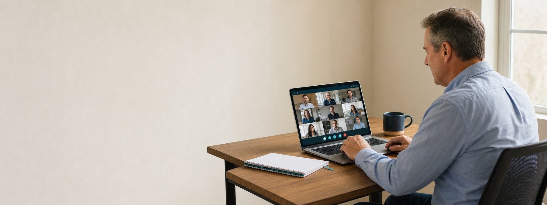 A salesperson joining a live virtual sales training session on a laptop from a home office