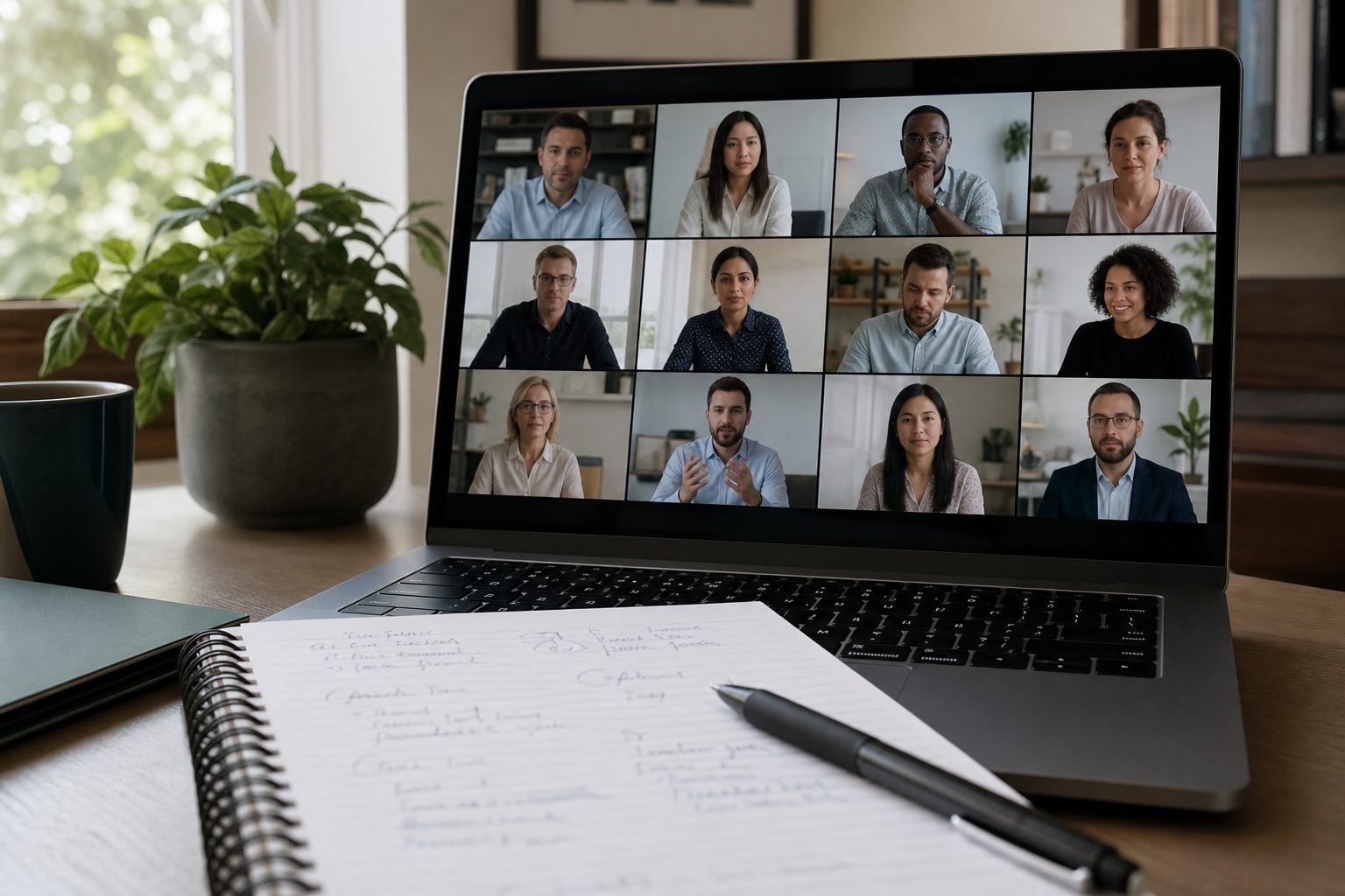 A laptop screen showing a virtual sales training workshop with a grid of remote participants