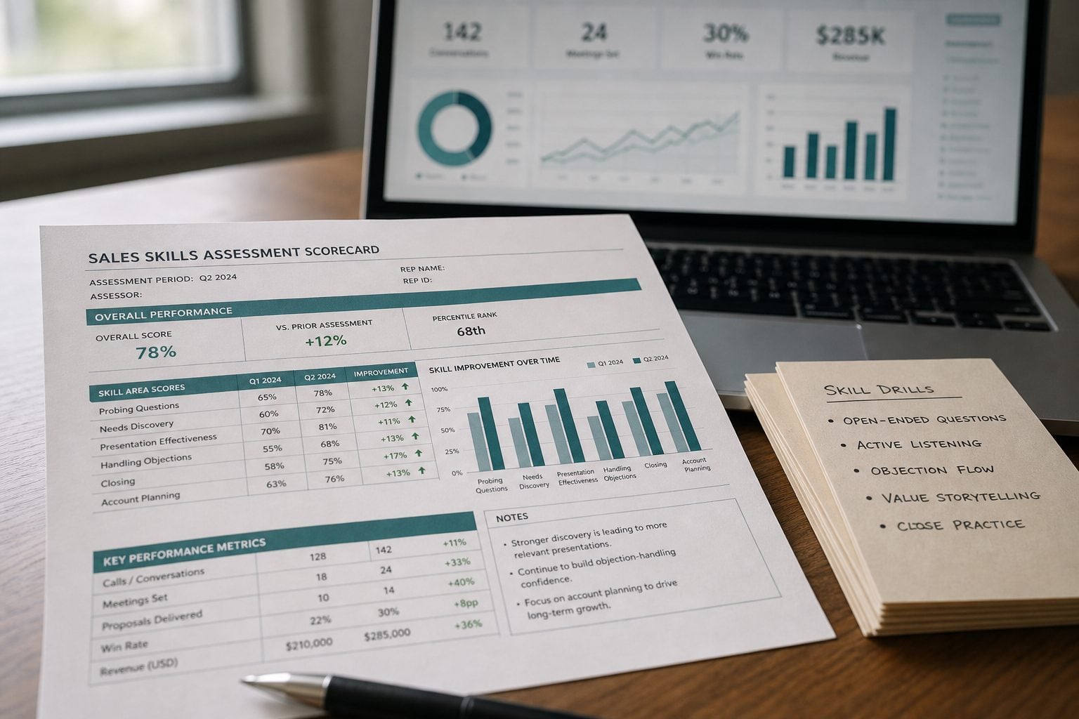 Close-up of Action Selling skill-measurement charts and assessment score cards on a desk